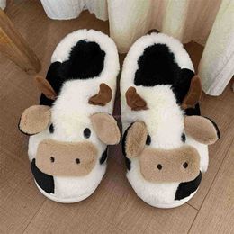 Slippers New Upgrade Cute Animal Slipper For Women Girls Fashion Kaii Fluffy Winter Warm Slippers Woman Cartoon Milk Cow House Slippers 110122H