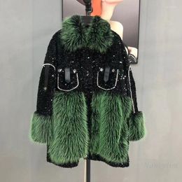 Женский мех 2022 Черный блестящий сшивание зеленого имитационного покрытия Женщины зима в середине теплой теплый хранение.