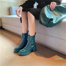 Boots Lacquer leather Martin boots women's short boots autumn and winter solid round head front zipper thick high heel fashion