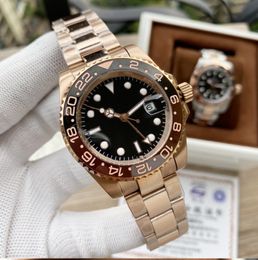 2022 Black Mechanical Men Watch GTM 24 Jewels Two Tone Rose Gold Oyster Strap Ceramic Insert