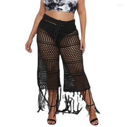 Pants Perl Hollow Out Tassel Wide Leg See Through Trousers Sexy Plus Size Capris Women Bottom Clothing Summer Wear 3XL 4XL