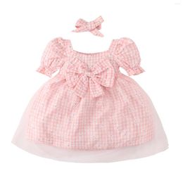 Girl Dresses 1-4Years Toddler Girls Princess Dress With Headband Embroidered Flowers Pattern Plaid Bowknot Patchwork Mesh Sets