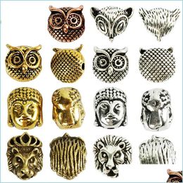 Other 10Pcs/Bag Antique Gold Sier Owl Lion Buddha Head Spacer Beads Diy Bracelets Necklace For Jewelry Making Accessories Drop Deliv Dhh89