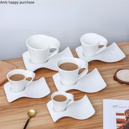 Mugs Pure White Ceramic Mug Coffee Cup And Saucer Set Milk Tea Cups Wave Office Afternoon