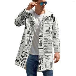 Men's Trench Coats Old Spaper Print Casual Male Retro Letter Long Autumn Jackets Street Fashion Design Hooded Parkas Large Size