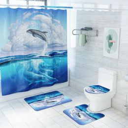 Toilet Seat Covers Dolphin Cloud Sea Print Home Decor Bathroom Cover Sets Waterproof Shower Curtain Mats Carpet Rugs Suits