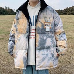 Men's Down 2022 Style Contrast Colour Tie-dye Cotton Jacket Winter Stand-up Collar Thick Warm On Both Sides Wear Couple Jackets