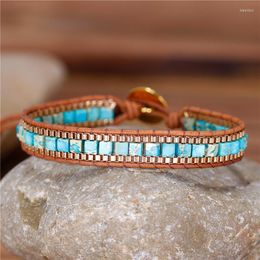 Charm Bracelets Natural Stones Leather Wrap Square Bead Jaspers Chain Cuff Bohemian Bangle Jewellery Wholesale Drop