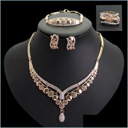 Bracelet Earrings Necklace Luxury Mosaic Crystal Jewelry Set 18K Gold Plated Necklace Earrings Sets For Wedding Bridal Party Ca11 Dhep7