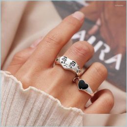 Cluster Rings Cluster Rings Vintage Black Heart Sier Colour Cry Face Open For Women Punk Hip Hop Men Resizable Ring Fashion Couple Je Dh9Vg