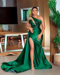 Green One Shoudler Neckline Evening Dresses 2020 High Side Split Long Sweep Vestidos De Fiesta Arabic Aso Ebi Prom Dress