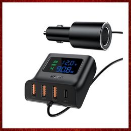 CC254 4 Port USB Car Charger Cigarette Lighter Socket Splitters PD QC3.0 90W LED Display Voltmeter Dock Fast Charging Station