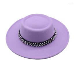 Berets Pearl Ribbon Vintage Wide Brim Felt Wool Fedora Hat Women Flat Top Jazz Round Caps Bowler Elegant Lady Hats Black Red