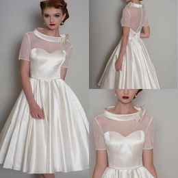 Elegantes A-Linie-Kurzhochzeitskleid 2023 für die Braut mit kurzen Ärmeln, O-Ausschnitt, Illusionsrücken, Tüll, Satin, Boho-Brautkleid nach Maß, Vestidos De Noiva