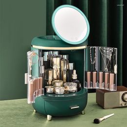Storage Boxes Makeup Organizer Box With LED Mirror Waterproof Dustproof Drawer Desktop Lipstick Skin Care Jewelry Cosmetic Display
