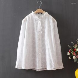 Women's Blouses FairyNatural Women Ruffled Collar Floral Embroidery Tops Cotton Long Sleeve Single Breasted White Shirts 2022 Spring Autumn