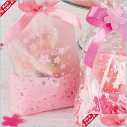 Gift Wrap 100Pcs 16X26Cm Pink Cherry Blossom Printing Transparent Gift Packaging Bags Plastic Bag For Candy And Sweets Christmas Wra Dhaox