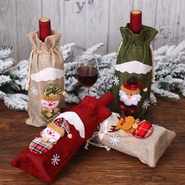 Christmas Decoration Jute Bags Santa Claus Ornaments Champagne Wine Bottle Covers Bag Dinner Drawstring bag Sea Shipping JNC279