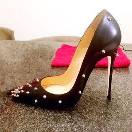 White Leather Rivets Women Shoes Brand Red Bottom High Heels 12cm Stilettos Heel Wedding Shoes Rivet Pointed Toe Women's Shoe Sexy Shallow Dress Party Pumps