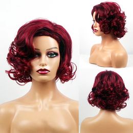 Burgundy Synthetic Hair Short Wigs Curly Wavy Wig Perruques De Cheveux Humains P041