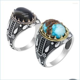 Cluster Rings Cluster Rings Natural Turquoise/Agate Stone 925 Sier For Men Vintage Rock Handmade Turkey Jewelry Exquisite Mens Ring Dhh3Z