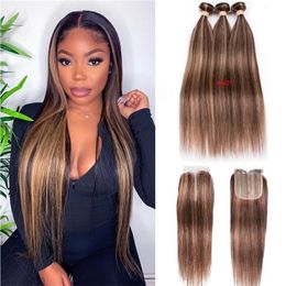 Hair Wefts Highlight Ombre Bundles With Closure T part Brazilian Bone Straight Bundles With Closure Brown Human Hair Bundles With Closure 221031