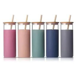 16oz Glass Tumbler 5 Colours 500ml Cup Travel Water Bottle With Silicone Protective Sleeve Bamboo Lid And Straws FY5138 SS1101