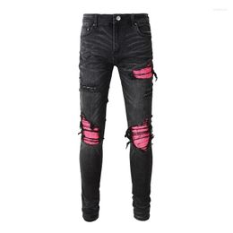 Men's Jeans Men Cracked Leather Patch Biker Streetwear Pleated Patchwork Holes Ripped Stretch Denim Pants Skinny Tapered Trousers