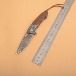 1Pcs R1101 Flipper Folding Knife Damascus Steel Drop Point Blade Rosewood with Carving Steel Head Handle Ball Bearing Fast Open EDC Pocket Folder Knives