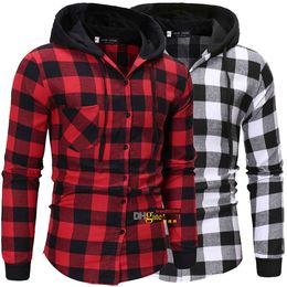 LuxuryMen's Shirts Autumn Fashion Casual Plaid Long Sleeve Cotton high qualityPullover Hooded Shirt Winter Mens Top Blouse free shipp