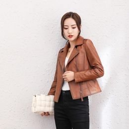 Women's Leather Genuine Women Biker Short Jacket Autumn Long Sleeve Sheepskin Coat Fashion Patchwork Zip Motorcycle Jackets M-4XL