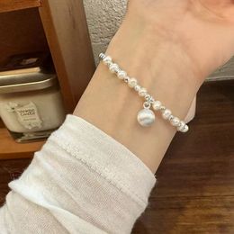 100% 925 Sterling Silver Frosted Round Ball Charm Bracelets Female Simple Style Natural Freshwater Pearl Bracelet