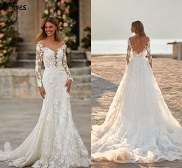 Floral Lace Appliqued Mermaid Wedding Dresses With Detachable Train Long Sleeves Modest Boho Garden Bridal Gowns Beach Sexy Open Back Brides Robes de Mariee CL1334