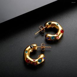 Stud Earrings Shiny Colourful Zircon Shape Hoop For Women Stainless Steel Metal Unusual Crystal Circle Trendy Jewellery