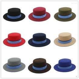 Berets 2022 Wool Flat Homburg Fedora Hat Women Men Winter Autum Wide Brim Jazz Boater Pork Pie Top Caps Blue Ribbon