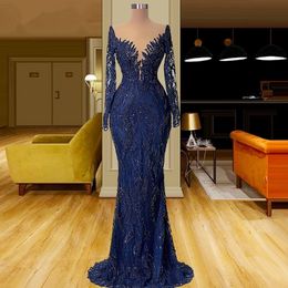 Navy Blue Mermaid Prom Dresses Lace Beaded Illusion Long Sleeves Sheer V Neck Arabic Aso Ebi Fishtail Evening Dress