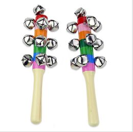 18cm Party Favor Rattles Jingle Bells Wooden Stick style Rainbow Hand Shake Sound Bell Baby Educational Toy Children Gift DH984