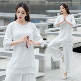 Ethnic Clothing White Simple Solid Zen Casual Set Women Long Top Wide Leg Pants Two Pieces Chinese Styles Vintage Style Harajuku