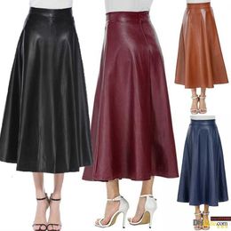 LuxuryWinter Pu Leather Skirts Women Maxi Long Womens High Waist Slim Autumn Vintage Pleated Black Xl Xxl