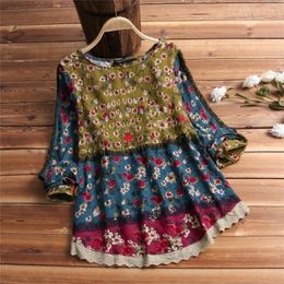 ZANZEA Women Vintage Floral Printed Blouse Spring Long Sleeve Lace Patchwork Shirt Casual Cotton Linen Top Tunic Blusa T200321