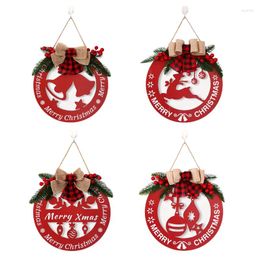 Decorative Flowers Christmas Wooden Hanging Bell/Deer/Letter/Lamp Design Wall Decor Front Door Round Welcome Sign Red