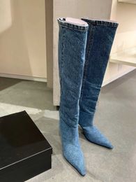 Boots Pre-sale Blue Denim Knee High Boots Pointed Toe Stiletto High Heels Slip-On Women's Autumn Winter Shoes Loose Comfort Footwear T221028
