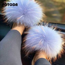 Slippers Women Furry Slippers Natural Fox Fur Sandals Fashion Real Raccoon Fur Slides Indoor Plush Flip Flops Ladies Fluffy Warm Shoes 111122H