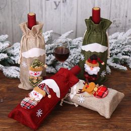 Christmas Decoration Jute Bags Santa Claus Ornaments Champagne Wine Bottle Covers Bag Dinner Drawstring bag Sea Shipping BBC279