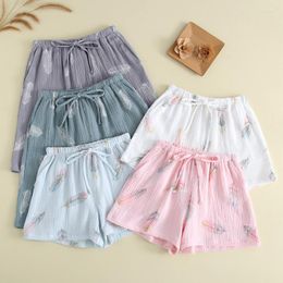 Women's Sleepwear Summer Couple Cotton Gauze Crepe Shorts Feather Printing Lounge Sleep Men And Women Bottoms Pants