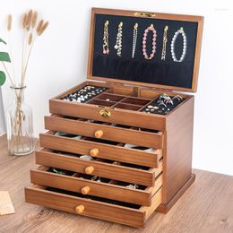 Storage Boxes Six-Layer Solid Wood Jewelry Box Large Capacity Vintage Lockable Earrings Necklace Gift