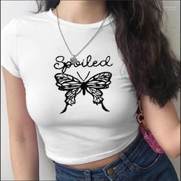 Women's T Shirts Butterfly Print Short T-shirt Women's Summer Dress Korean Style High Waist Tight-Fitting Navel Top Women