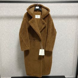 Tobacco MMAX Wool and Alpaca or Camel Fur Teddy Bear Icon Coat Women Enveloping Shape and Premium Fabric With Hoody