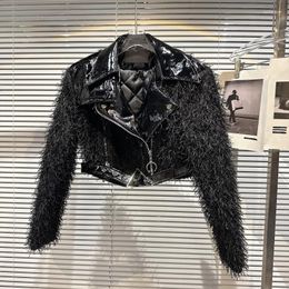 Women's Jackets 2022 Winter Collection Faux Fur Sleeve Leather Patchwork Cotton Coat Women Black Short Pu Jacket