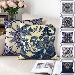 Pillow Case 2Pcs Chinese Style Cushion Covers Blue And White Porcelain Printed Throw Pillows Cases Home Sofa Car Seat Decor Elegant 45x45cm